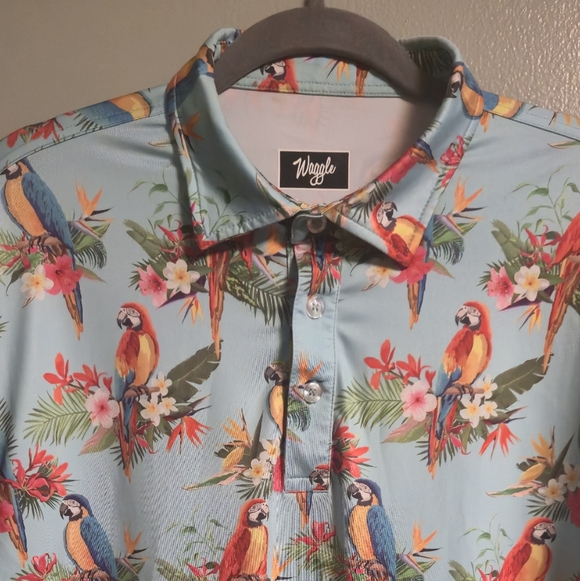 Waggle Golf Polo Shirt Mens XL Blue Parrot Flowers AOP Performance Stretch Wick - Picture 5 of 7